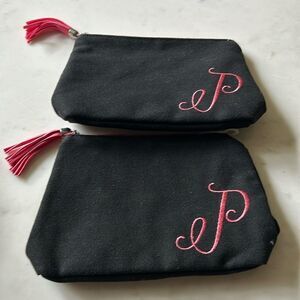 New 2 black canvas pink tassel monogram initial P make up travel bags